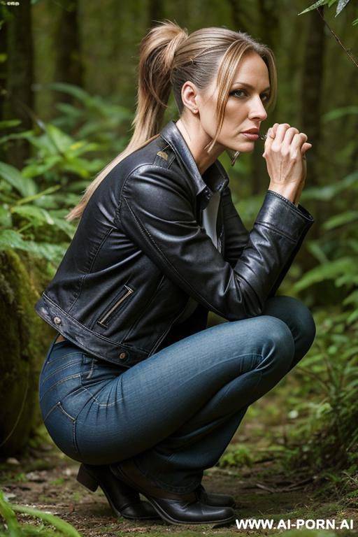 slender german woman, ponytail, squatting in undergrowth, waste, hands on knees,, jeanspants, jacket, side-view - #main