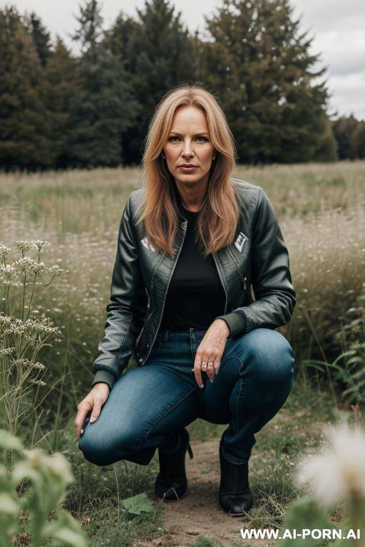 slender german woman, squatting in weeds,, jeanspants, jacket - #main