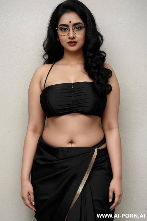 big eyes, round face, saree, pale skin, big boobs, cute, beautiful, indian woman, navel, flashing navel, round glasses, chubby, background ((wall)) - #main