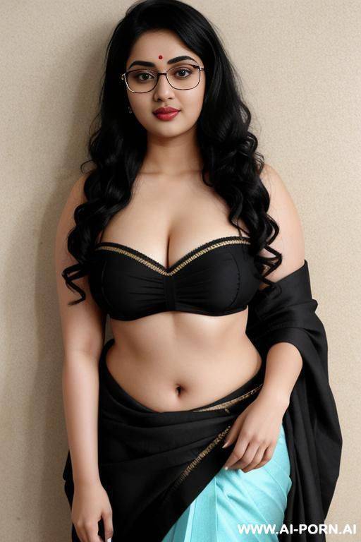 big eyes, round face, saree, pale skin, flashing boobs, cute, beautiful, indian woman, navel, flashing navel, round glasses, chubby, background ((wall)) - #main