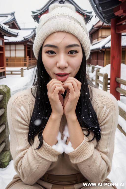 (((facial cumshot))), straight face, staring, turtleneck beige sweater, white knitted hat, outdoor, (snow is falling), full shot view, front view - #main