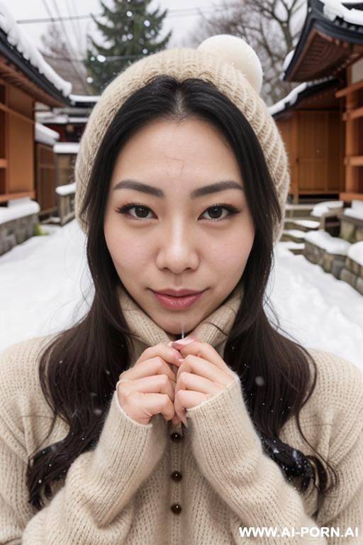 (((facial cumshot))), staring, turtleneck beige sweater, woolen hat, woolen gray gloves, outdoor, snow is falling, full shot view, front view - #main