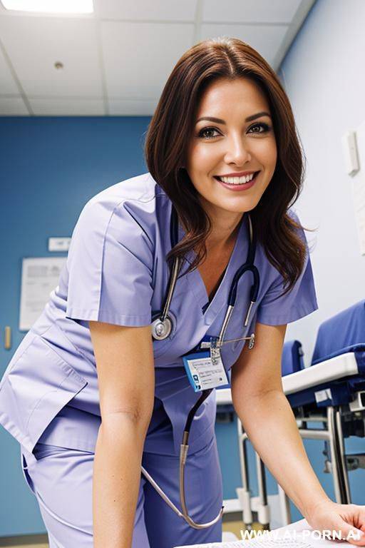 (nurse) (scrubs) (close up) (smiling) (bending down) (exam room) - #main
