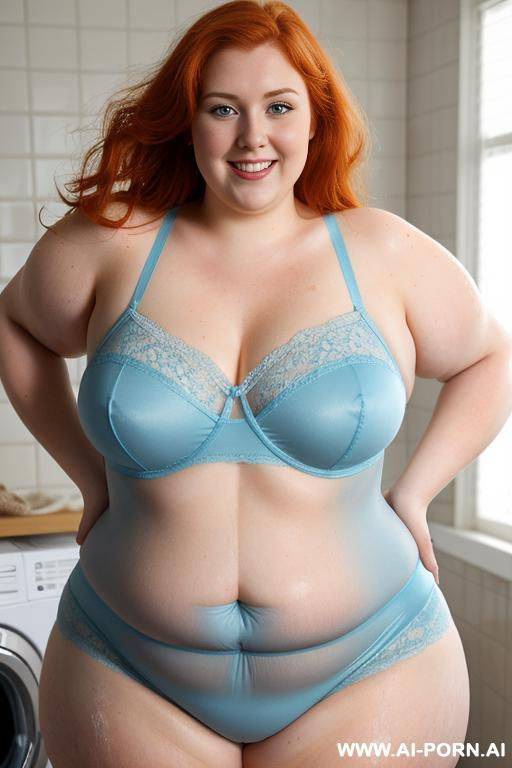 half-length photo, half body close up, as a set in the laundry area, a ((obese)) fat chubby fat thick and bbw redhead british, she is washing clothes and is soaked in foamy water. she has - #main