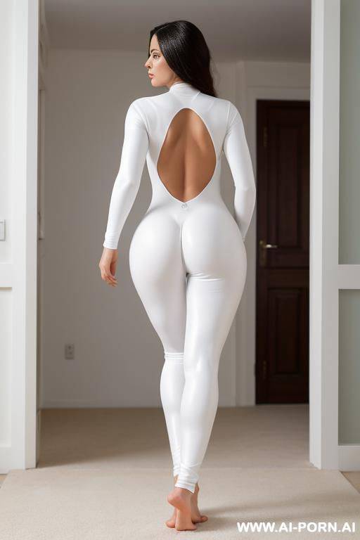 bare feet, wearing tight white catsuit, perfect butt, hourglass figure, standing with sister - #main