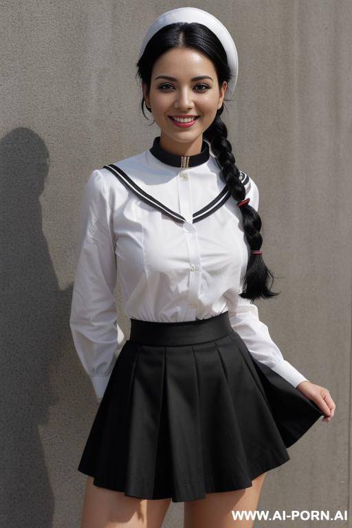(black sailor collar, black skirt: 1.2), black hair, double braids, ((masterpiece, best quality, ultra-detailed, k)), a woman, solo, , standing, full body, smile, looking at viewer, - #main