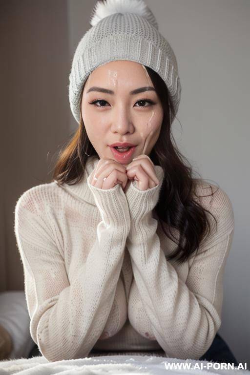 (((facial cumshot))), stare intly, turtleneck gray sweater, white knitted hat, snow is falling, full shot view, front view - #main