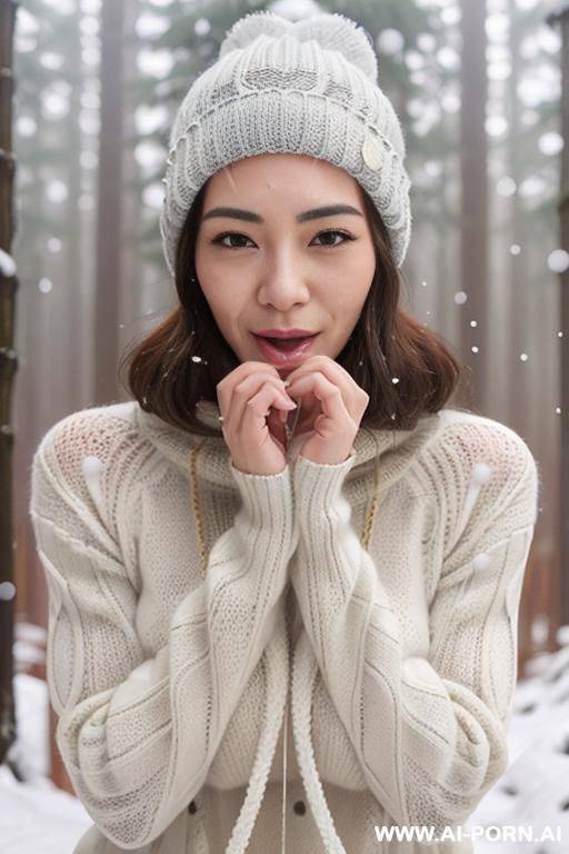 (((facial cumshot))), straight face, turtleneck gray sweater, white knitted hat, forest, snow is falling, full shot view, front view - #main