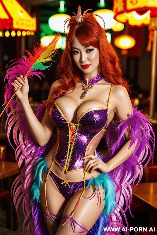 chinese, rainbow feather studed bright diamond transparent corset，feather tutu skirt， mesh robe， rainbow sequin bra ,necklace，rainbow large pointed thigh-high boots - #main