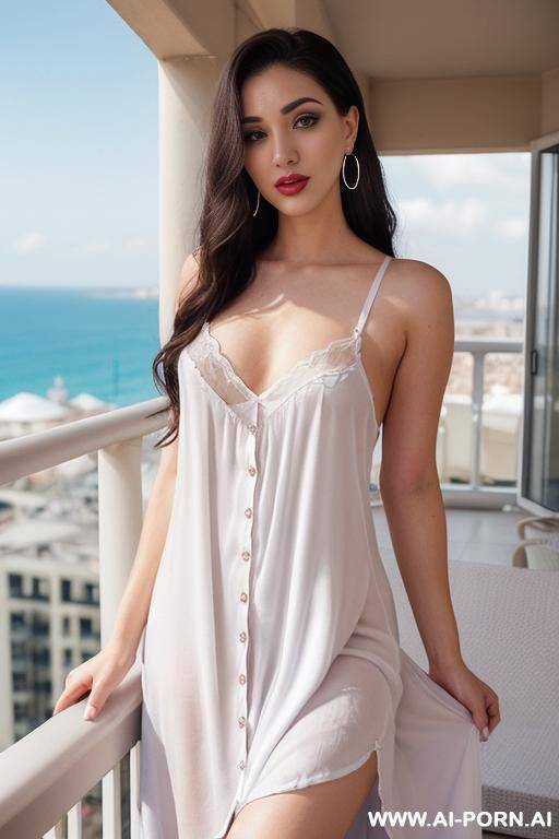 balcony with sea view (ahegao) (flowing hair) (((extremely beautiful))) (((full lips))) (button nose) (submissive) (hoop earrings) (((hourglass figure))) ((very pretty clean face)) (cat eyes) (((eye contact))) - #main
