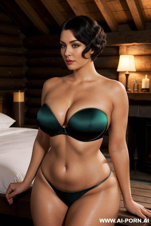shiny dark green strapless bra, shiny dark green high-leg thong panties, round firm ass, bubble butt, curvy hips, ((hourglass figure)), round firm boobs, ((sexy pose)), trim waist, fit body, looking at viewer - #main