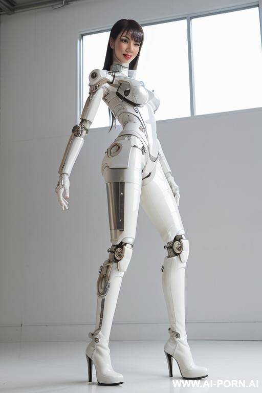 realistic beautiful cyborg robot woman completely made of white latex skin long legs with boots. - #main