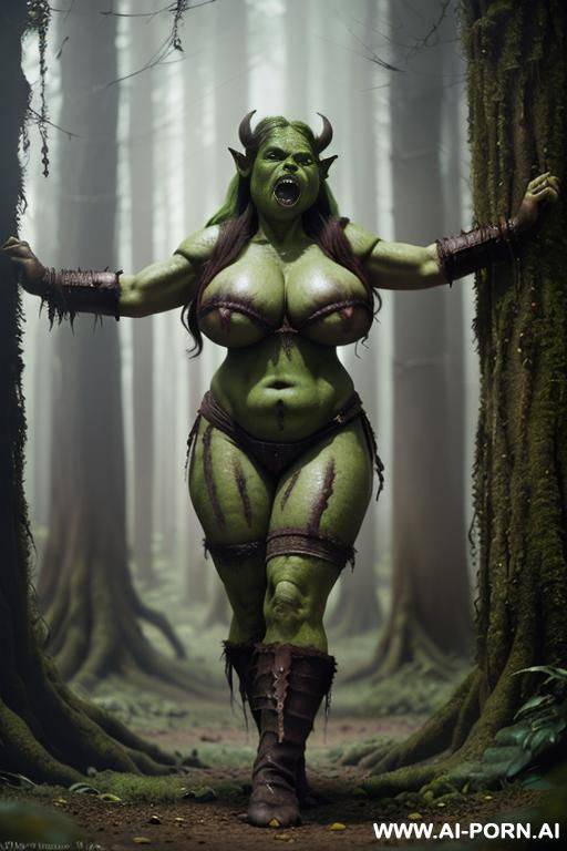 (((dark forest))), (((fantasy))), (((woman orc))), (((orc))), (((chubby))), (((massive boobs))), (((angry))), (((covered in cum))) - #main