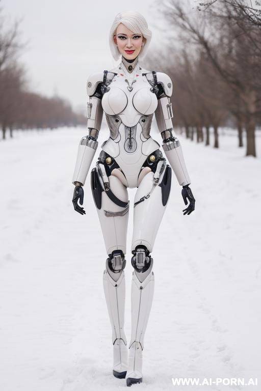 realistic beautiful cyborg robot woman doll completely made of white latex skin long legs with boots. - #main