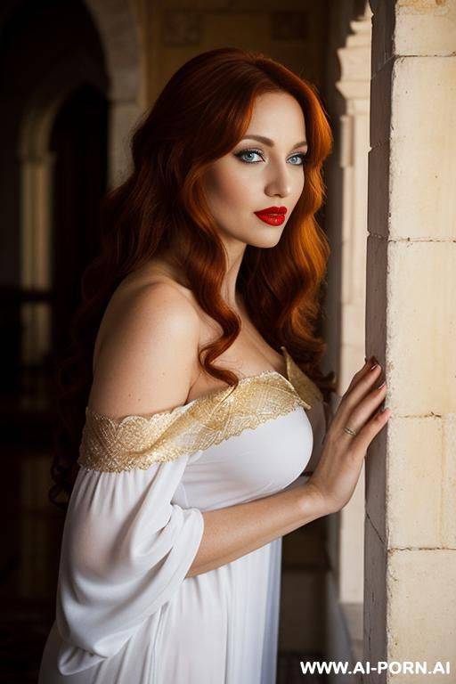 red lipstick, very long hair, white gorgeous cacked woman , round soft face , sexy pretty body, wearing off white off-shoulder seethough net nightgown - #main