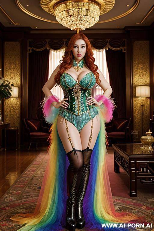 chinese, rainbow feather studed bright diamond transparent corset，feather tutu skirt， mesh robe， rainbow sequin bra ,necklace，rainbow large pointed thigh-high boots - #main