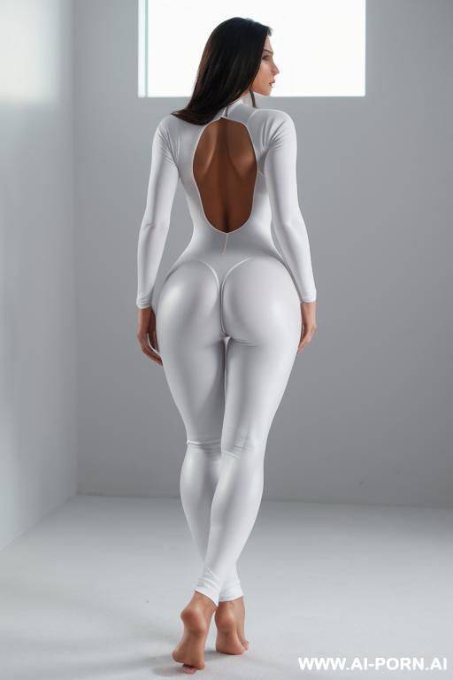 wearing a tight white catsuit, bare feet, perfect body, hourglass figure - #main