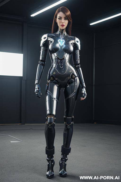 realistic beautiful cyborg robot woman completely made of latex skin long legs with boots - #main