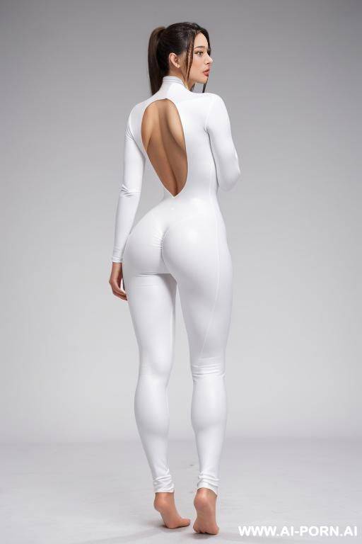 wearing a tight white catsuit, bare feet, perfect body, hourglass figure - #main