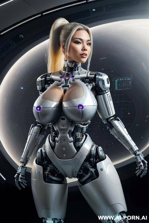 (((realistic look, super realistic))) ((spaceship)) ((front view)) (((beautiful cyborg woman))) (((sexy cyborg woman))) (((chinese))) ((blonde)) ((long thick hair)) (((perfectly beautiful face, sexy plump - #main