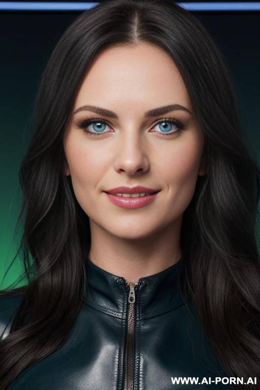 narrow face, realistic weather presenter, in a dark green leather dress, in studio in front of weather map green screen, long straight hair, show pussy, glowing blue eyes, blue eye makeup, - #main