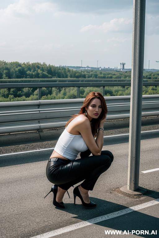 german woman normal clothes squatting on highway-shoulder behind guardrail - #main
