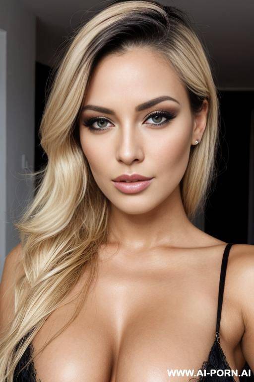 brazilian with square shaped face, very square jaw, blonde hair, gigantic boobs, dark brown eyes, - #main