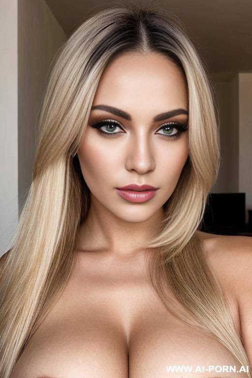 woman very with square shaped face, very square jaw, blonde hair, gigantic boobs, dark brown eyes, - #main