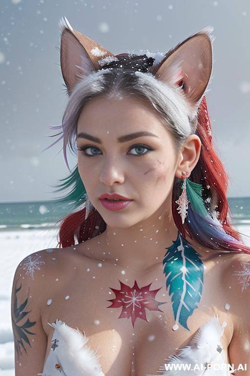 face, sexy, beautiful, ((face painting)), ((bikini as seashell)), ((tattoo roses)), ((eyes shw)), ((angel wings)), ((rainbow hair)), ((long bu hair)), ((wind)), (( cat face)), (( cat ears)), (((feather - #main