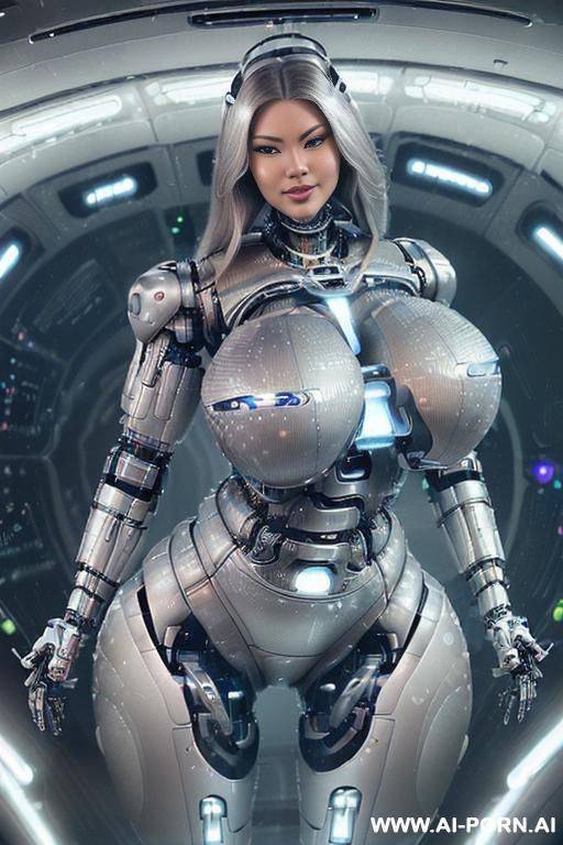 (((realistic look, super realistic))) ((spaceship)) ((front view)) (((beautiful cyborg woman))) (((sexy cyborg woman))) (((chinese))) ((blonde)) ((long thick hair)) (((perfectly beautiful face, sexy plump - #main
