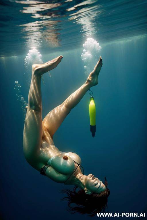 diver is descending (upside down), deep underwater, hands ford (((most realistic photo))), side view - #main