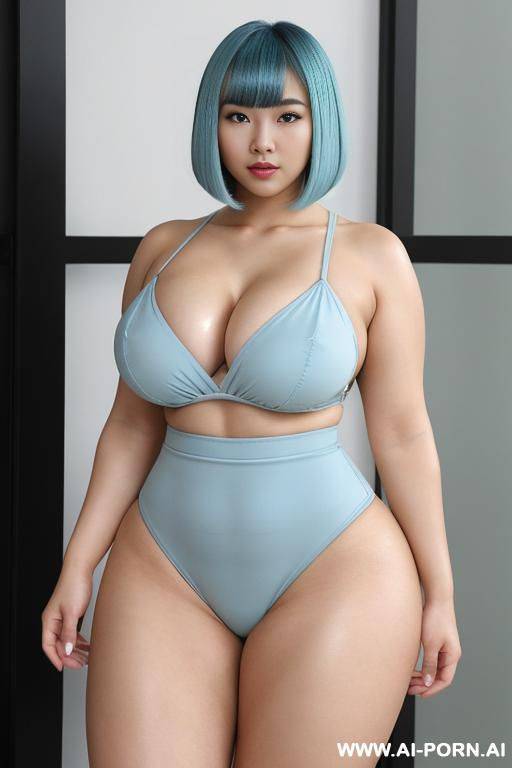 bob with bangs haircut, light blue hair, beautiful atractive asian woman, huge bulked up thighs, gigantic thighs, strong legs, massive thighs, wide hips, chubby thighs - #main