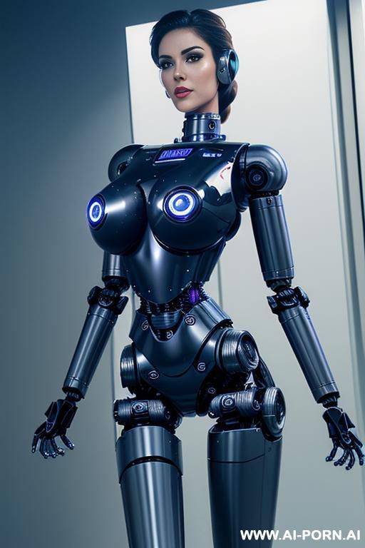 robotic police officer, pretty face, (fully robotic body, athletic body, shapely legs, shapely arms, hands, huge robotic tits:1.3) - #main