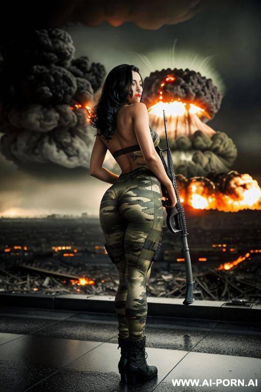 at nigth in the apocalyptic city , cloudy sky fog battle city , ((((atomic bomb explosions landscape)))) , side view horizont looking , from behind , walking sexy pose , oil body , - #main