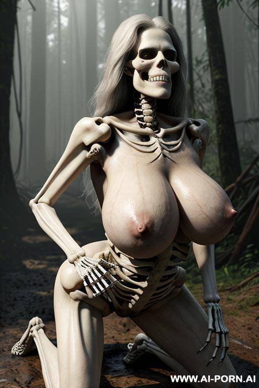 characters on the image : skeleton (imaginary image) and granny (a real living beautiful woman); swamp in the rainforest, skeleton (fantastic male) in the form of a male skeleton), skeleton fuck - #main