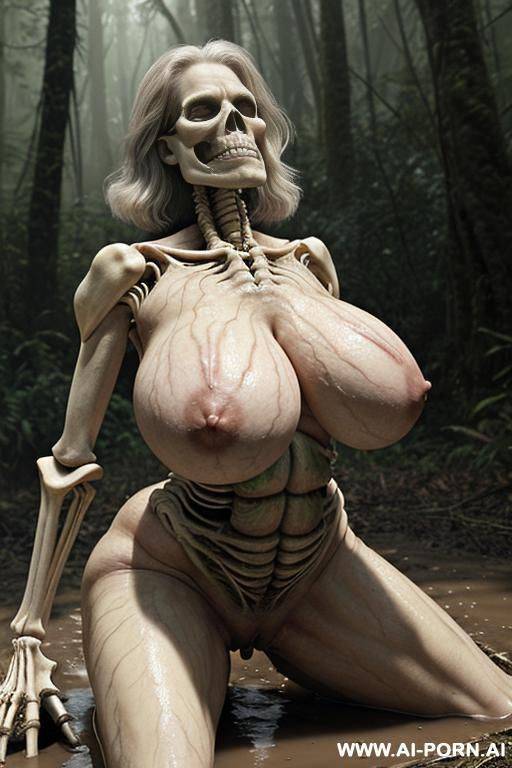 two characters: skeleton (imaginary image) and granny (a real living beautiful woman) on the image; swamp in the rainforest, skeleton (fantastic male) in the form of a male skeleton), skeleton - #main