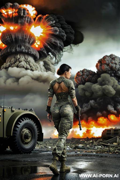 at nigth in the apocalyptic city , cloudy sky fog battle city , ((((atomic bomb explosions landscape)))) , horizont looking , from behind walking sexy pose , oil body , tight lycra pants - #main
