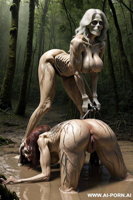 skeleton (imaginary image) and granny (a real ordinary woman) on the image; swamp in the rainforest, skeleton (fantastic male in the form of a human male skeleton), skeleton fuck granny; granny - #main