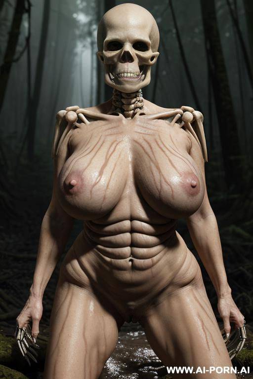 skeleton (imaginary image) and granny (a real ordinary woman) on the image; swamp in the rainforest, skeleton (fantastic male in the form of a human male skeleton), skeleton fuck granny; granny - #main