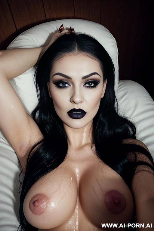 goth cheap horny easy slut, stub nose, square chin, square jaw, wide cheekbones, garish makeup, plump, fake boobs, lying on her back, spread asscheeks, dripping pussy, wet armpits, big pussy lips - #main