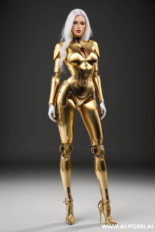 beautiful real taur female cyborg robot with skin in metal-latex white and gold color, with four meccanic leg and metallic ,enormus boobs ,natural uman face, image hd quality - #main