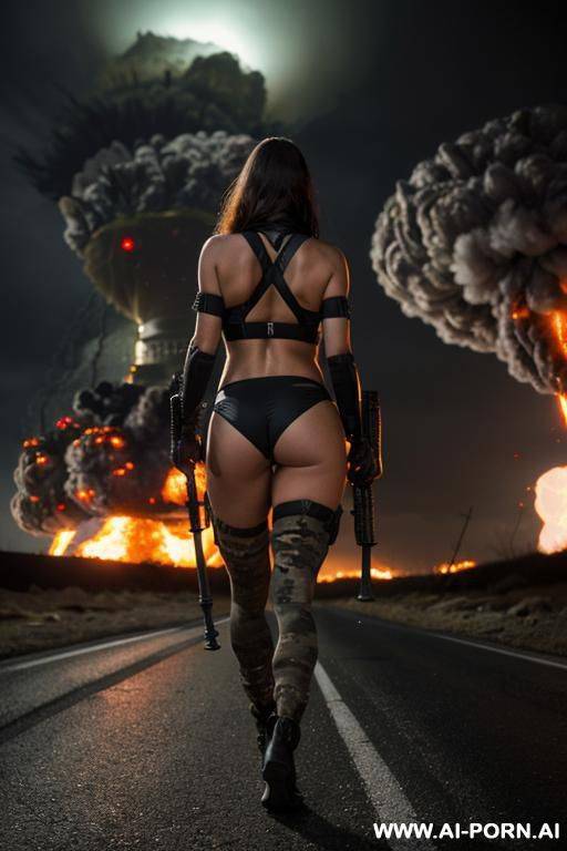 foggy night in the apocalyptic city , ((((landscape atomic explosion end of the road )))), horizont looking , from behind view sexy walking , oil body , camouflage thong , tight t-shirt round - #main