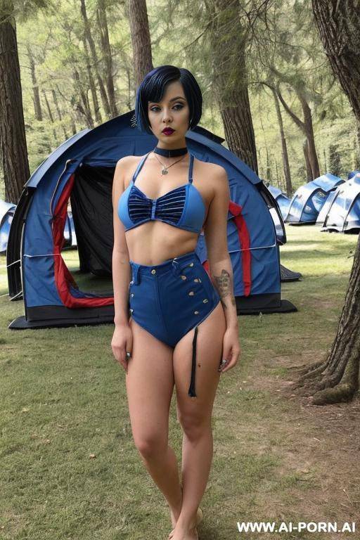 gorgeous goth reality star, short blue and black hair, blue lipstick, curved body, wide hips, big ass, full body view, nude, - #main