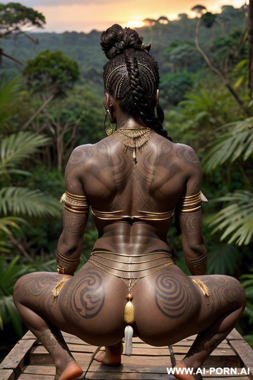beautiful short curvy body ethiopian queen, (lean toned body), (((defined muscles))), ((abs)), (((((saggy boobs))))), (((gold necklace))), ((long gray braided hair)), (((strass loincloth))), squatting on a - #main