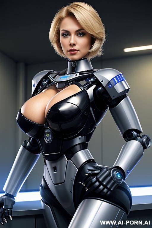 robotic police officer, standing upright, pretty face, short straight blonde hair, (black fully robotic body, huge tits, fit body, thick arms, shapely arms, shapely legs) - #main