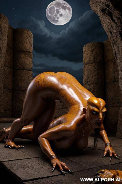 midnight, moon hid behind the clouds , darkness; woman on all fours pose (most realistic woman) (very perfect woman) ((pretty woman)); scorpion fucks a woman (giant scorpion- monster), scorpion and - #main