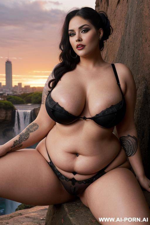 rock bbw with pretty chubby face, seductive look, begging for sex, slut makeup, extremely gigantic tits, very large realistic areolas, creative rock tattoos, creative punk hairstyle, big city with waterfalls at gorgeous sunset - #main