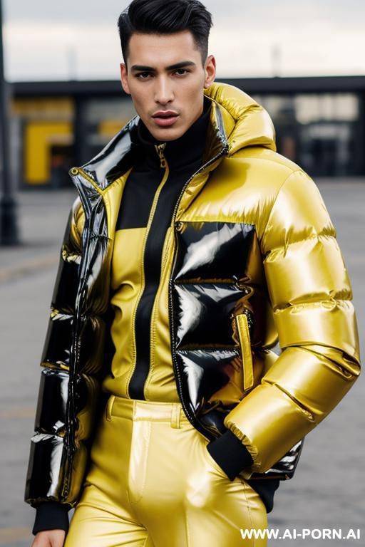 shiny puffer jacket yellow, he’s face cum - #main