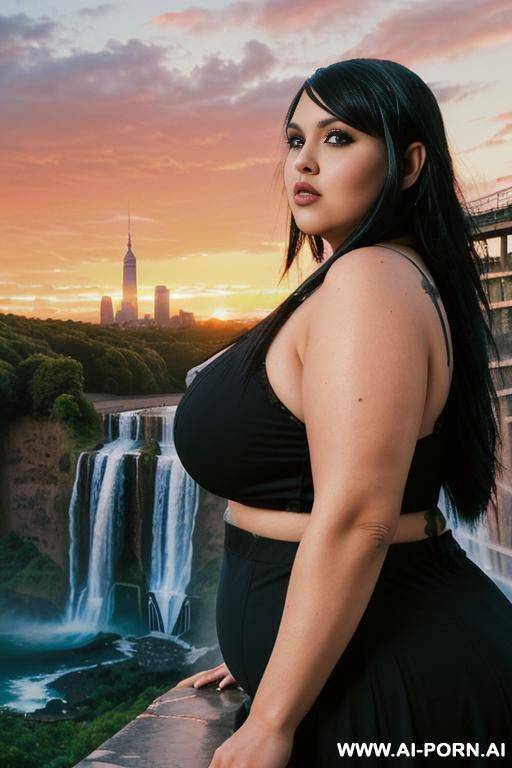 (((emo bbw, sexy chubby face, big city with waterfall at gorgeous sunset))) - #main