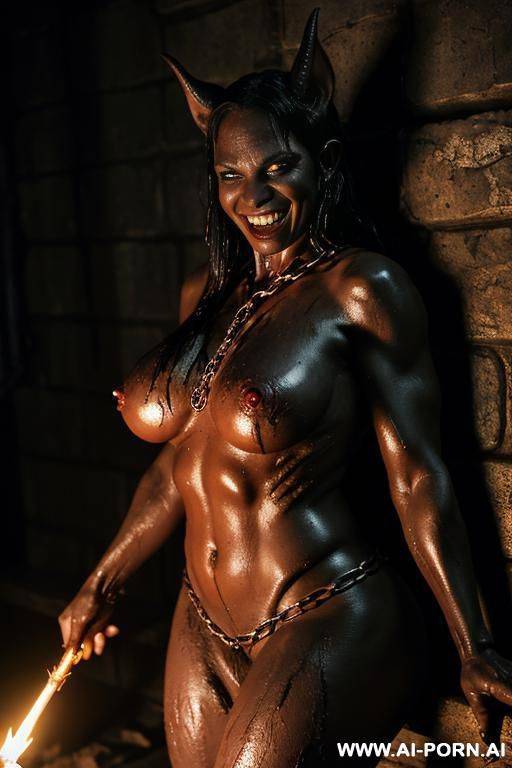 dark dungeon torch lit, she goblin, chained to the wall, naked, voluptuous, dark red skin, powerful jaw, claws, fanged, damp, wet, dirty, yellow eyes, muscular, scarfaced, brutish, evil, smiling, open short legs, poiny ears, messy hair, chubby - #main